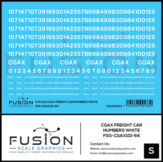 S Scale White CGAX Freight Car Numbering Decal Set