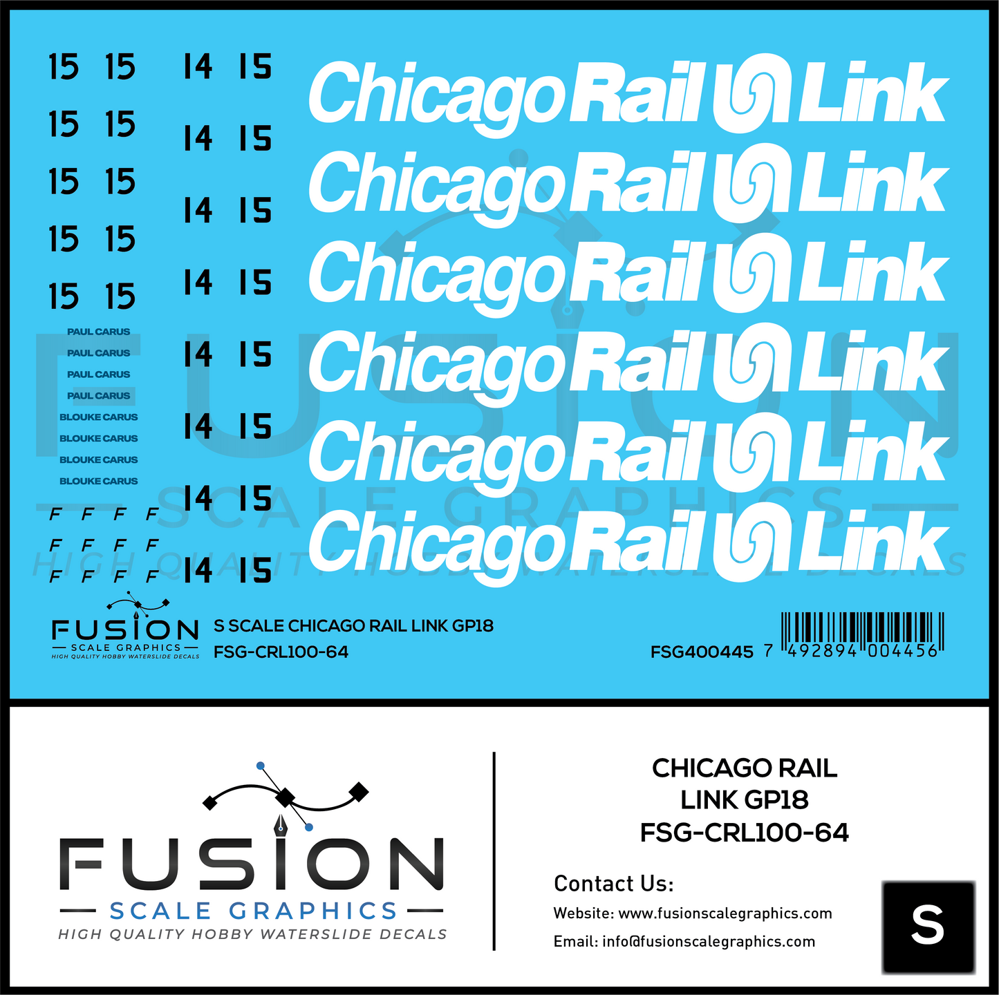 S Scale Chicago Rail Link EMD GP18 14 & 15 Locomotive Decal Set