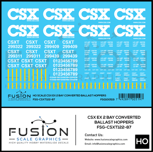 HO Scale CSXT / CSX Converted Ex 2 Bay Ballast Hoppers Decal Set