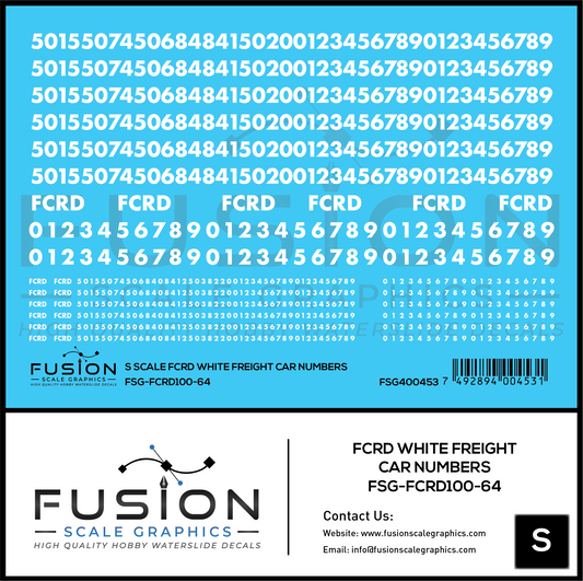 S Scale First Coast FCRD White Freight Car Numbers Decal Set