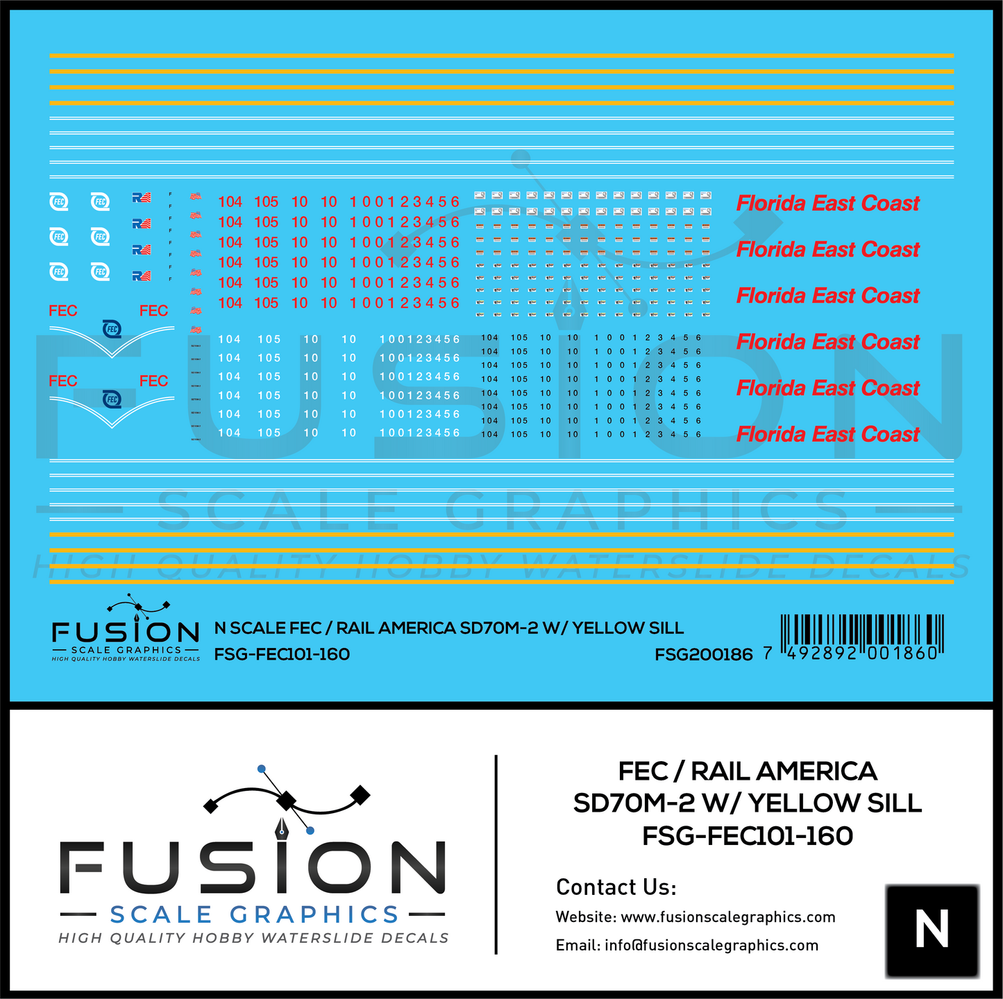 N Scale Florida East Coast/Rail America EMD SD70M-2 W/ Yellow Sill Locomotive Decal Set