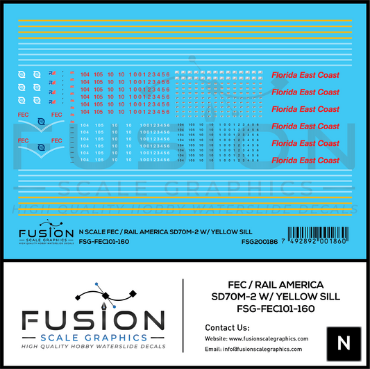 N Scale Florida East Coast/Rail America EMD SD70M-2 W/ Yellow Sill Locomotive Decal Set