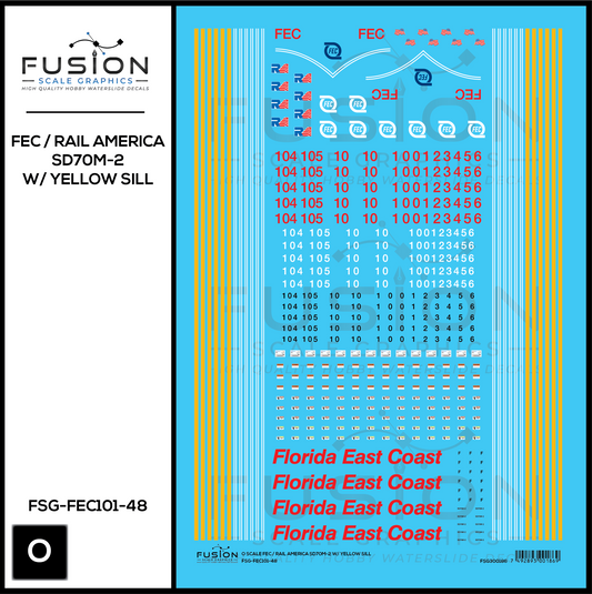 O Scale Florida East Coast/Rail America EMD SD70M-2 W/ Yellow Sill Locomotive Decal Set