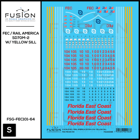 S Scale Florida East Coast/Rail America EMD SD70M-2 W/ Yellow Sill Locomotive Decal Set