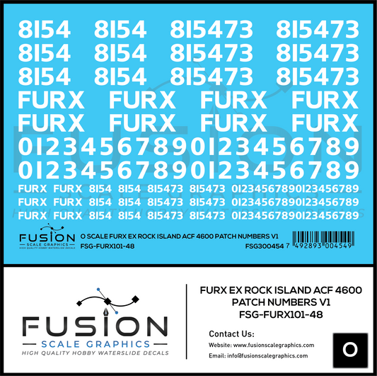 O Scale FURX Ex Rock Island Acf 4600 Patch Numbers V1 Decal Set