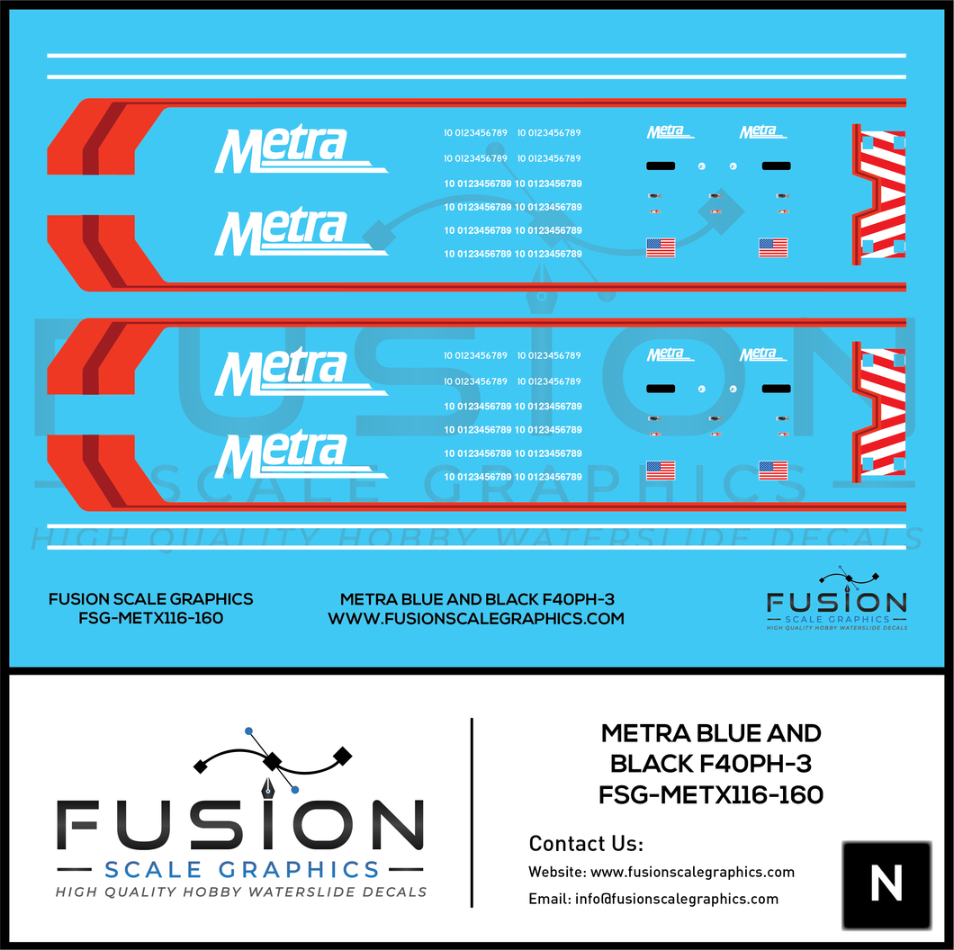 N Scale Metra F40PH-3 Blue & Black Locomotive Decal Set