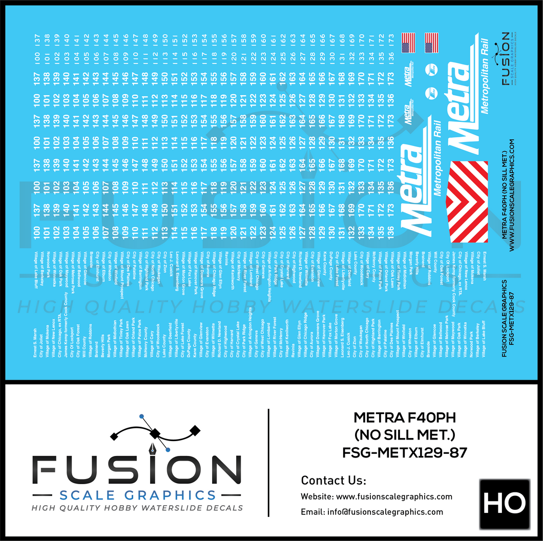 HO Scale Metra F40PH Metropolitan Rail Locomotive Decal Set