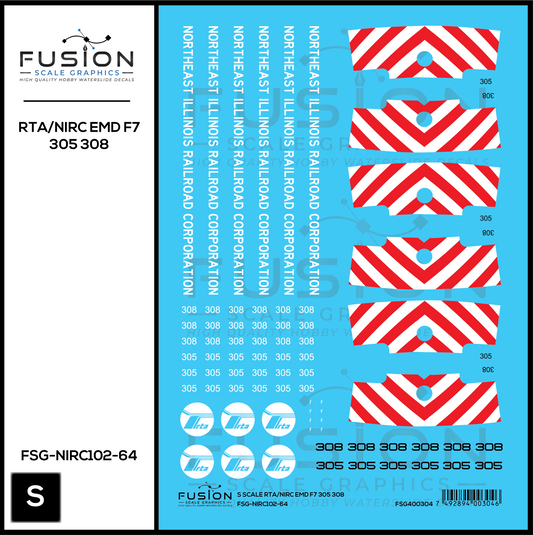 S Scale RTA/Northeast Illinois Railroad Corp EMD F7 305, 308 Locomotives Decal Set
