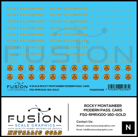 N Scale Metallic Gold Rocky Mountaineer Passenger Cars Decal Set