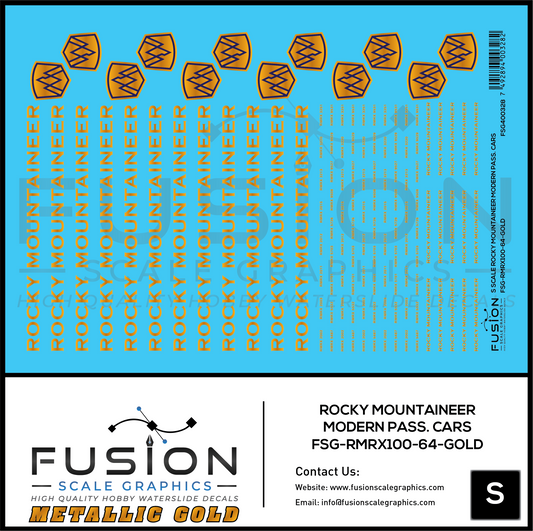 S Scale Metallic Gold Rocky Mountaineer Modern Passenger Cars Decal Set