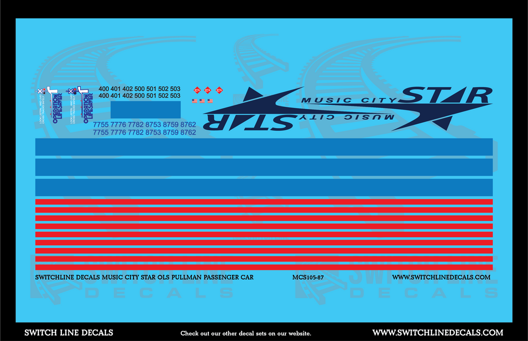 HO Scale Music City Star OLS Pullman Passenger Cars Decal Set