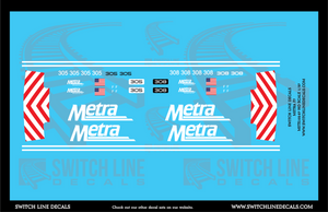 HO Scale Metra EMD F7 305 308 Locomotive Decal Set - Chicago Metra Railroad Decals in HO scale.