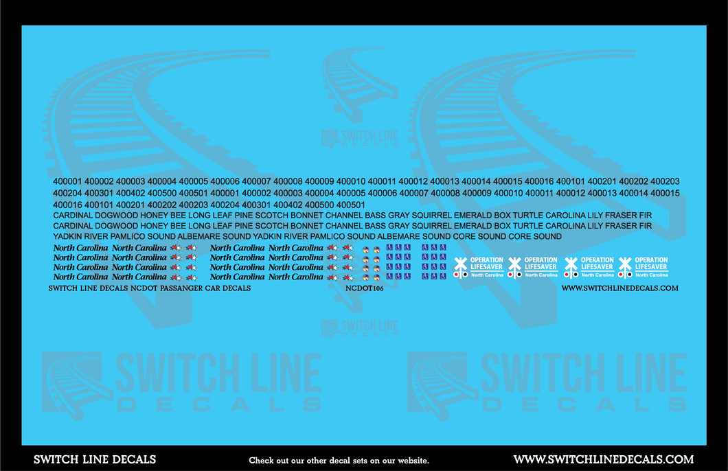 HO Scale NCDOT Passenger Cars W/O Stripes Decal Set