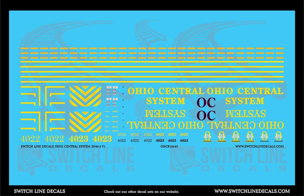 N Scale Ohio Central System SD40-2 Locomotives Decal Set V2 - Modern Locomotives W/ Yellow Dashes