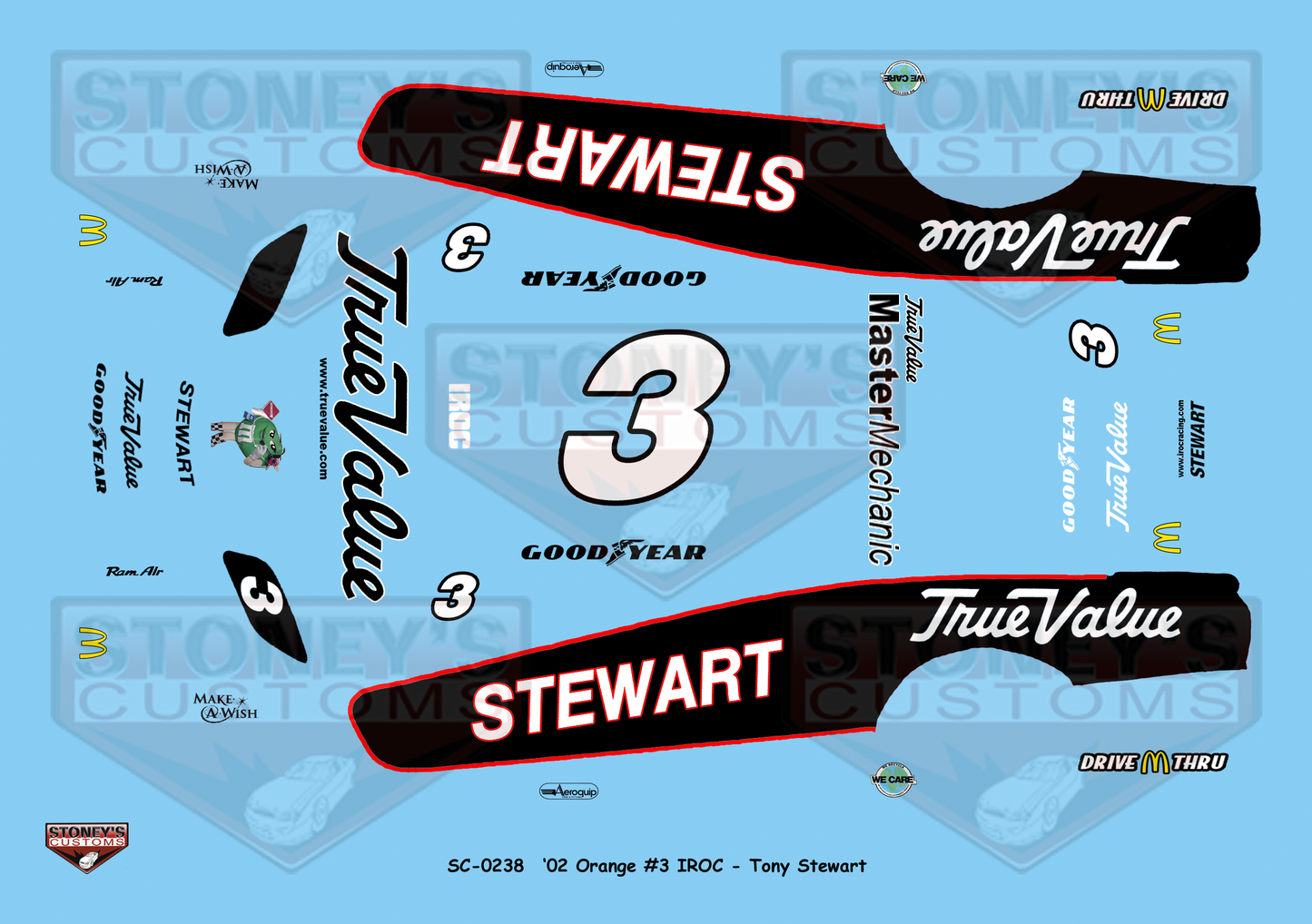Stoney's Customs 2002 Orange #3 IROC Tony Stewart 1:24 Decal Set