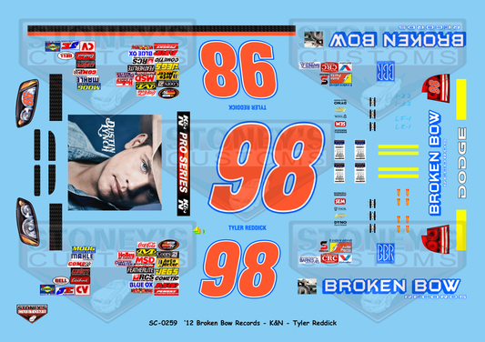 Stoney's Customs 2012 #98 Broken Bow Records - K&N - Tyler Reddick 1:24 Decal Set