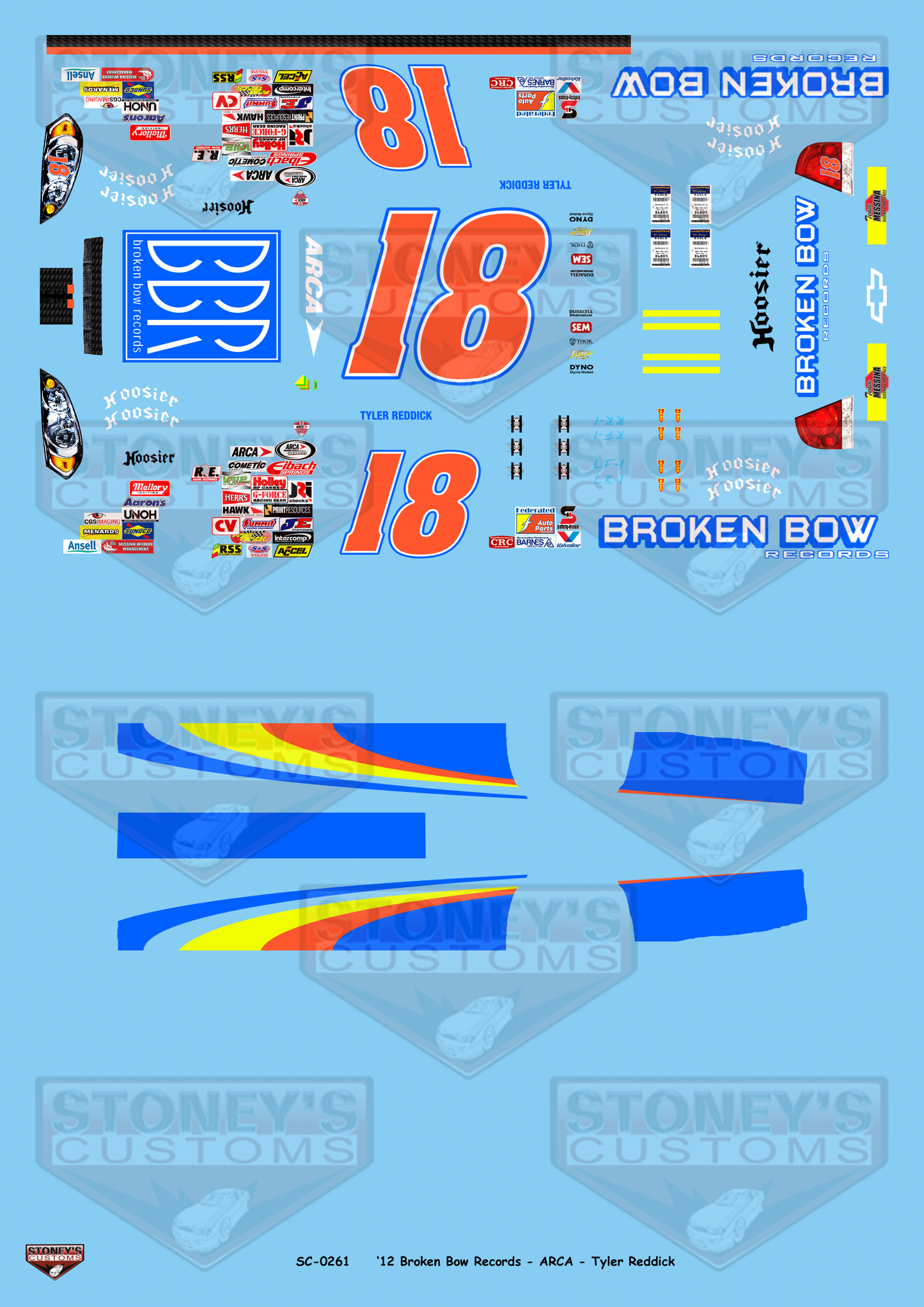 Stoney's Customs 2012 #18 Broken Bow Records - ARCA - Tyler Reddick 1:24 Decal Set