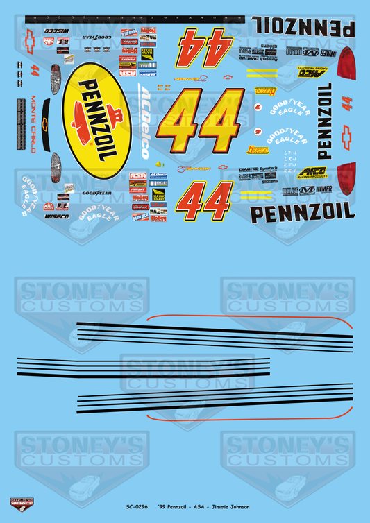 Stoney's Customs 1999 #44 Pennzoil - ASA - Jimmie Johnson 1:24 Decal Set