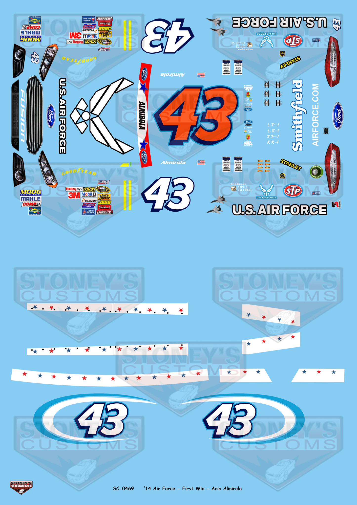 Stoney's Customs 2014 #43 Air Force - First Win - Aric Almirola 1:24 Decal Set