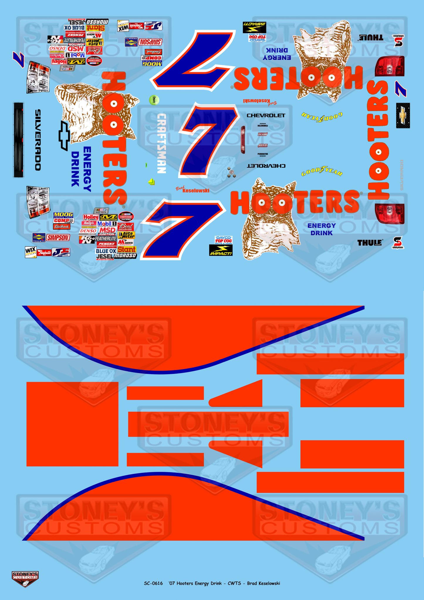 Stoney's Customs 2007 #7 Hooters Energy Drinks - CWTS - Brad Keselowski 1:24 Decal Set