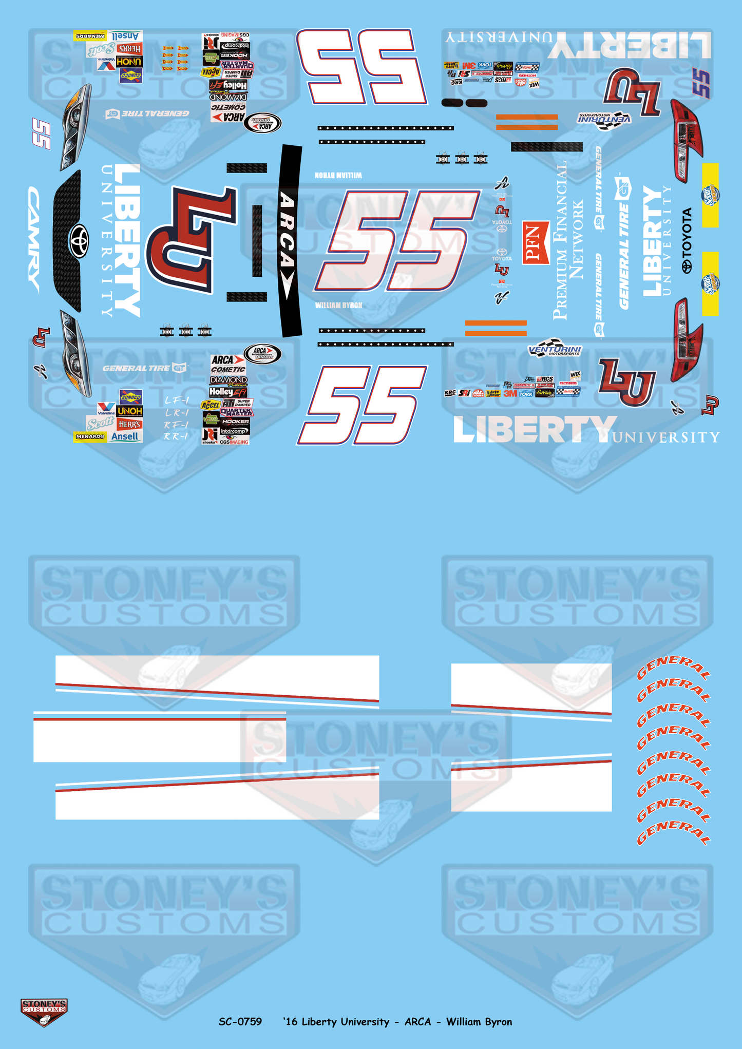 Stoney's Customs 2016 #55 Liberty University - ARCA - Williams Byron 1:24 Decal Set