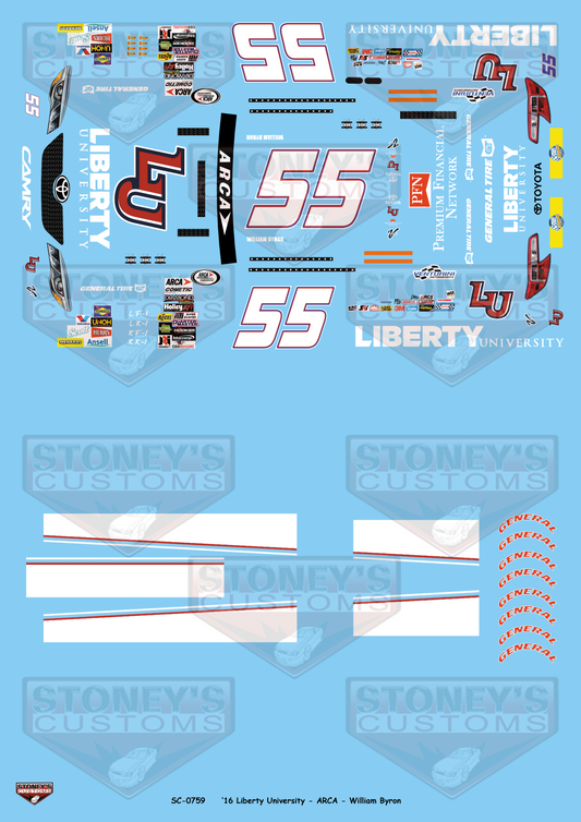 Stoney's Customs 2016 #55 Liberty University - ARCA - Williams Byron 1:24 Decal Set