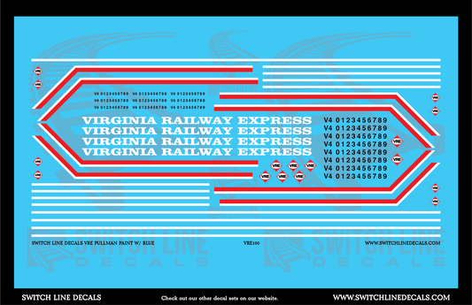 N Scale VRE Virginia Railway Express Blue/Silver Pullman Car Decal Set