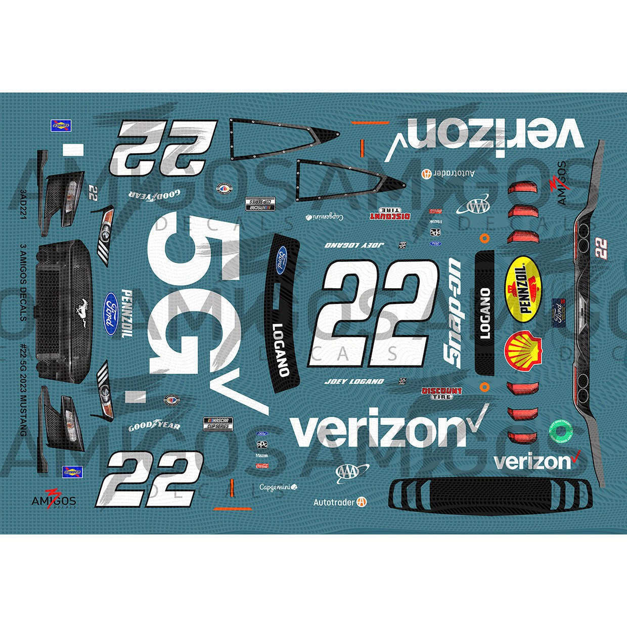 3 Amigos Decals #22 VERIZON 5G 2023 Mustang Decal Set 1:24
