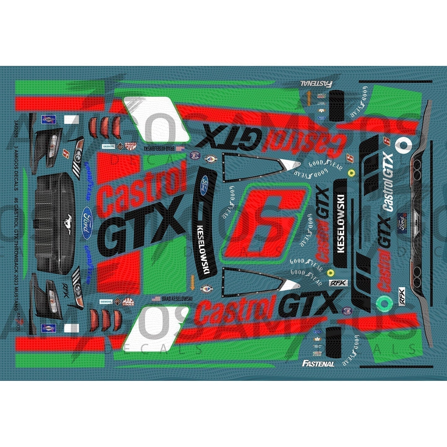 3 Amigos Decals #6 CASTROL GTX THROWBACK 2023 MUSTANG Decal Set 1:24