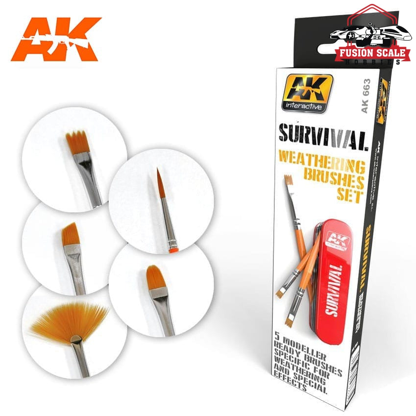 AK Interactive Survival Weathering Brushes Set (5 different) AKI663 - Fusion Scale Hobbies